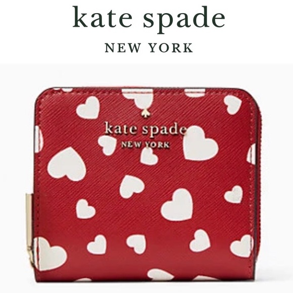 NWT-Kate Spade-Staci-Red & White-Heart Pop Print-Sm Zip Bifold Wallet-Boxed-$139 - Picture 10 of 13